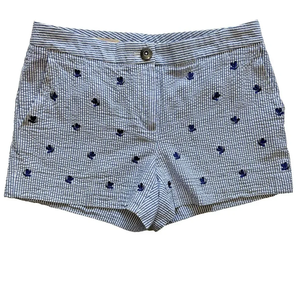 Brooks Brothers Women's Seersucker Shorts Embroidered Bees White Blue Size 2